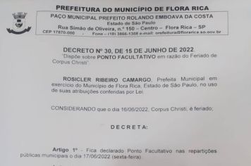 Decreto Oficial Ponto Facultativo em razão do feriado de Corpus Christi