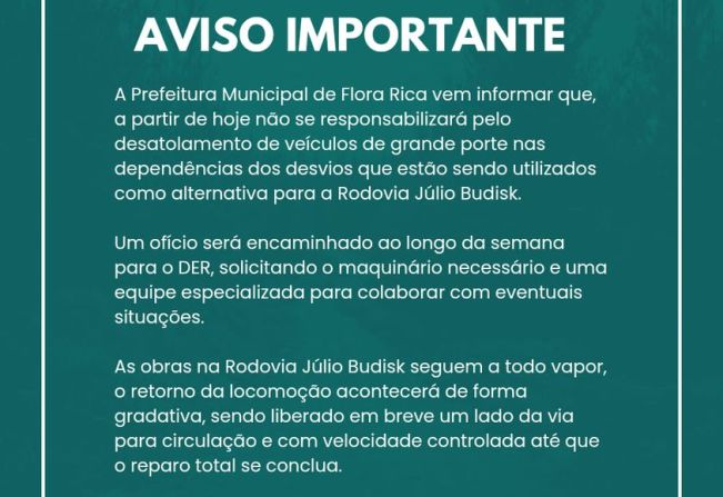 Prefeitura Municipal Anuncia Comunicado Importante a respeito dos desvios e veículos de grande porte