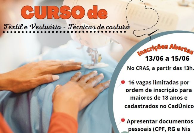 Inscrições abertas para o Curso de Têxtil Vestuário - Técnicas de Costura