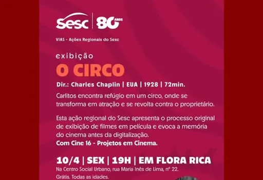   Cinema gratuito no Centro Social Urbano exibe clássico de Charles Chaplin nesta sexta-feira