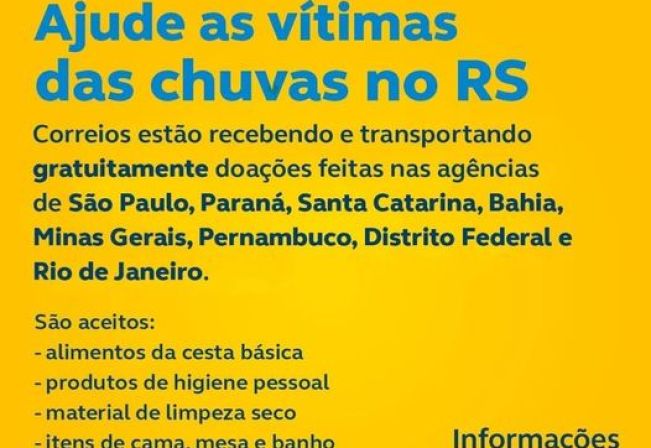 Correios de Flora Rica recebe doações para o Rio Grande do Sul